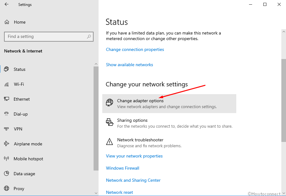 Change adapter options link under network & internet settings