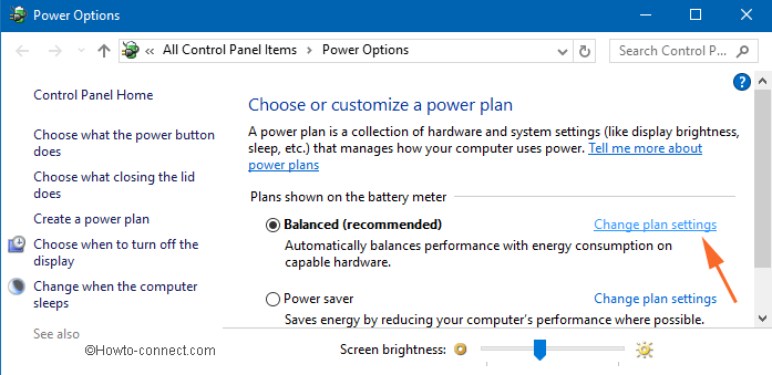 Change plan settings link of your select plan in Windows 10 Power Options
