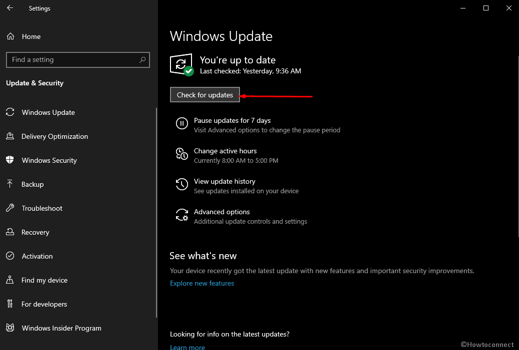 Check for updates in Windows update settings