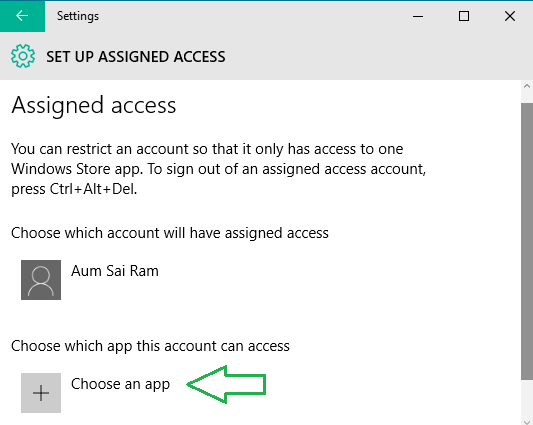 Choose an app button on assigned access