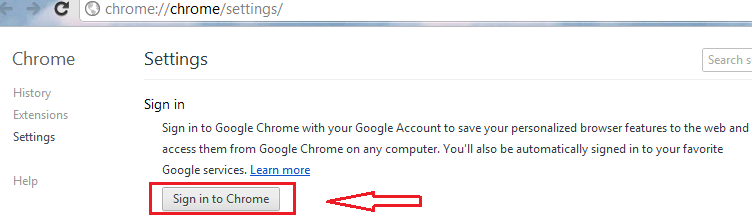 chrome settings option to sign in sync