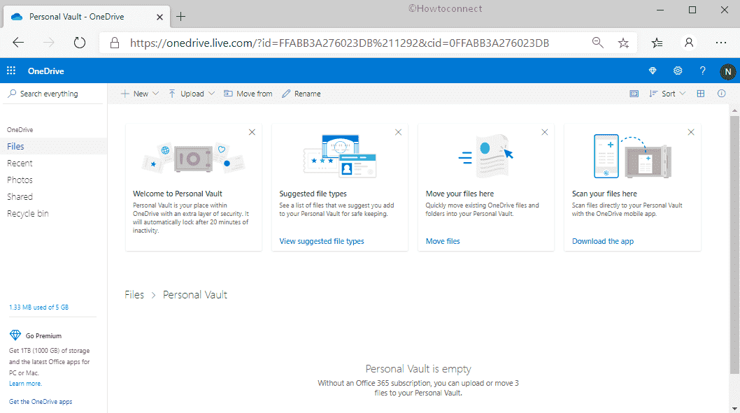 Configure OneDrive Personal Vault in Windows 10-Personal Vault page