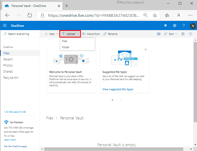 Configure OneDrive Personal Vault in Windows 10-upload file