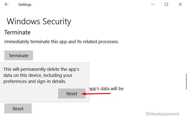 Confirm Reset process for Windows Security App Pic 3