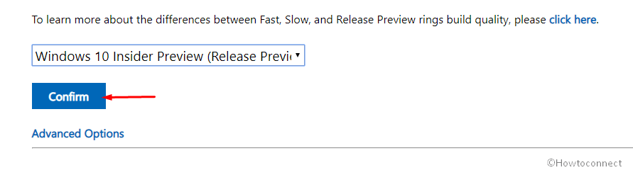 Confirm button on windows insider program page