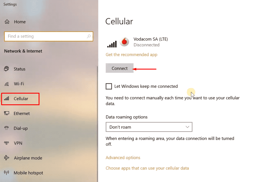 Connect on Cellular Settings page