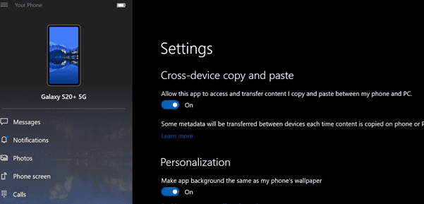Copy and paste between Phone and PC windows 10 2009 20h2