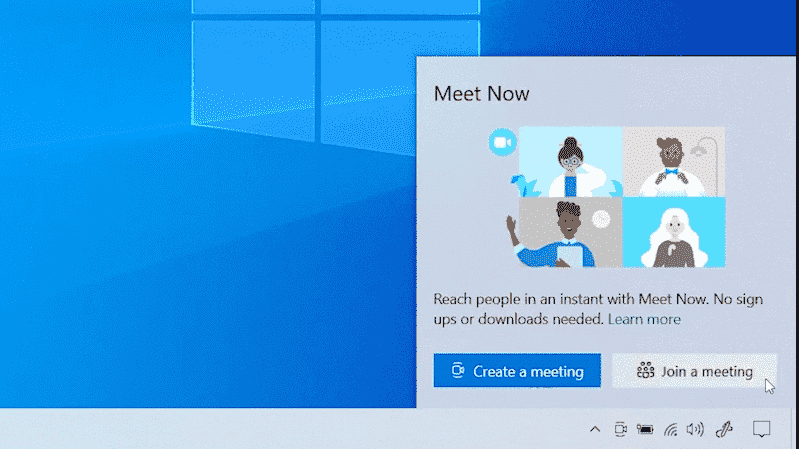 Create a meeting from Windows 10 build 20221 Taskbar