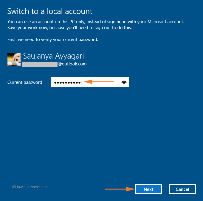 Current password field for the Microsoft account