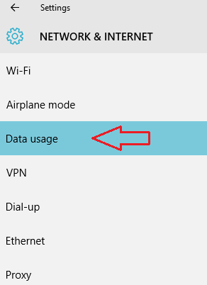 Data Usage segment on the left side bar of Network & Internet category