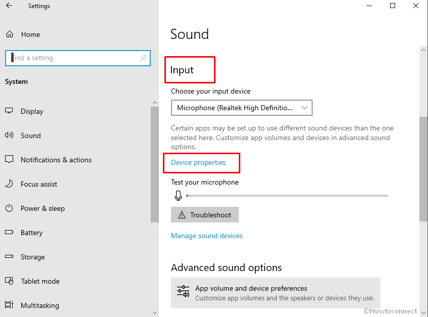 Device properties input sound settings