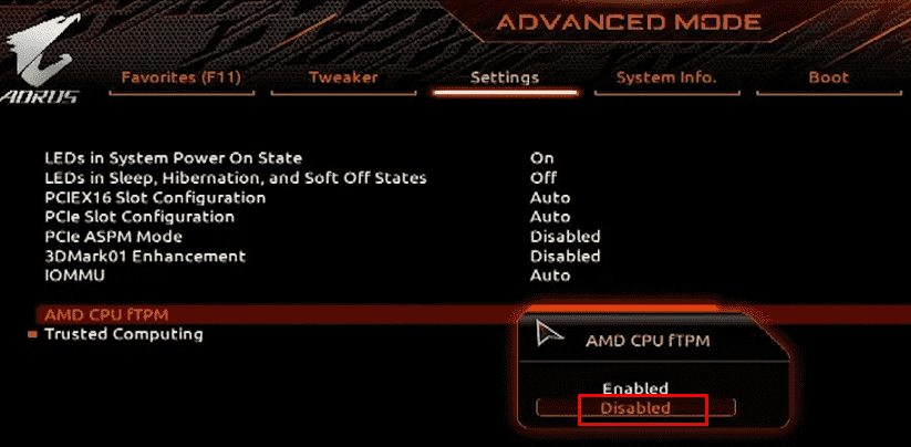 Disable AMD fTPM through BIOS