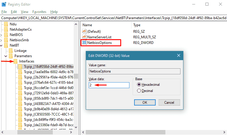 Disable NetBIOS over TCP/IP with registry