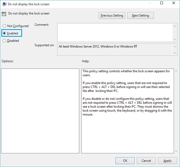 Disable lock screen in windows 10 on group policy editor