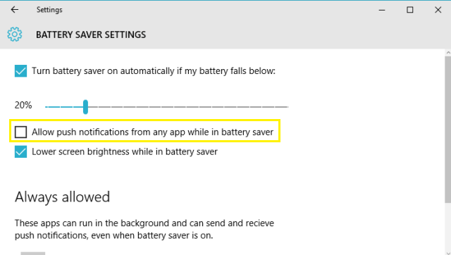 Disable Push Notifications from Apps in Windows 10 Battery Saver Mode