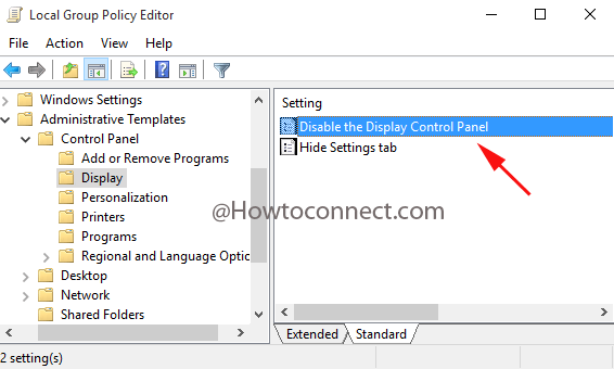 Disable the Display Control Panel settings under Local Group Policy Editor