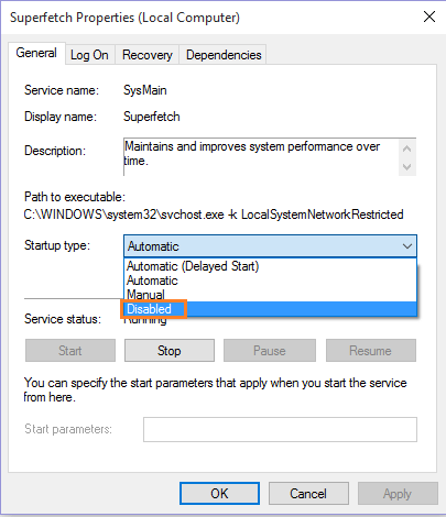 Disabled SuperFetch feature