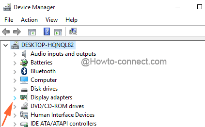 Display adapters arrow to expand it under Device Manager in Windows 10