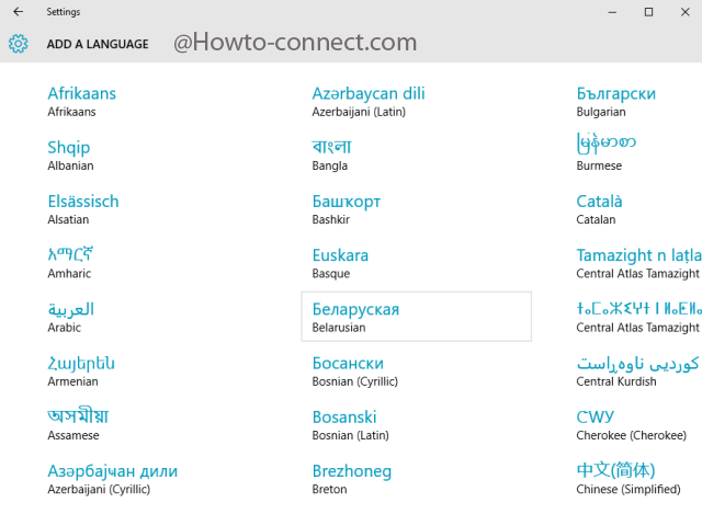 Display of languages in the Settings program