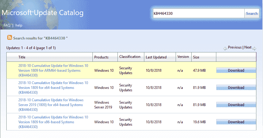 Download KB4464330 for Windows 10 1809 Build 17763.55