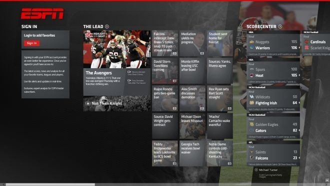 ESPN app main interface in windows 8