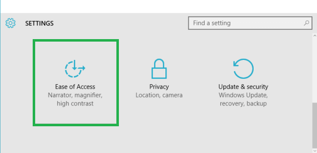 Ease of Access category in the Settings app in Windows 10