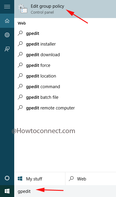 Edit Group Policy with gpedit command in Cortana search