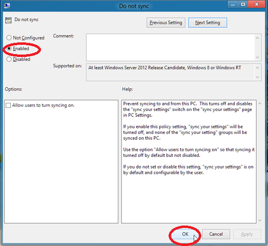 enable do not sync in windows 8