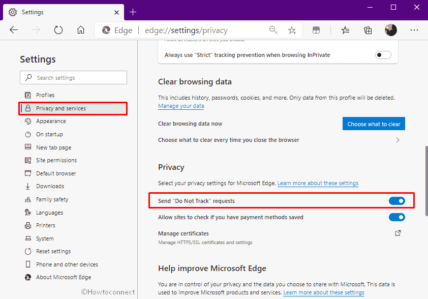 Enable Send Do Not Track Requests in Edge
