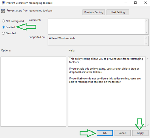 Enable radio button to Prevent Users from Rearranging Toolbars in Windows 10