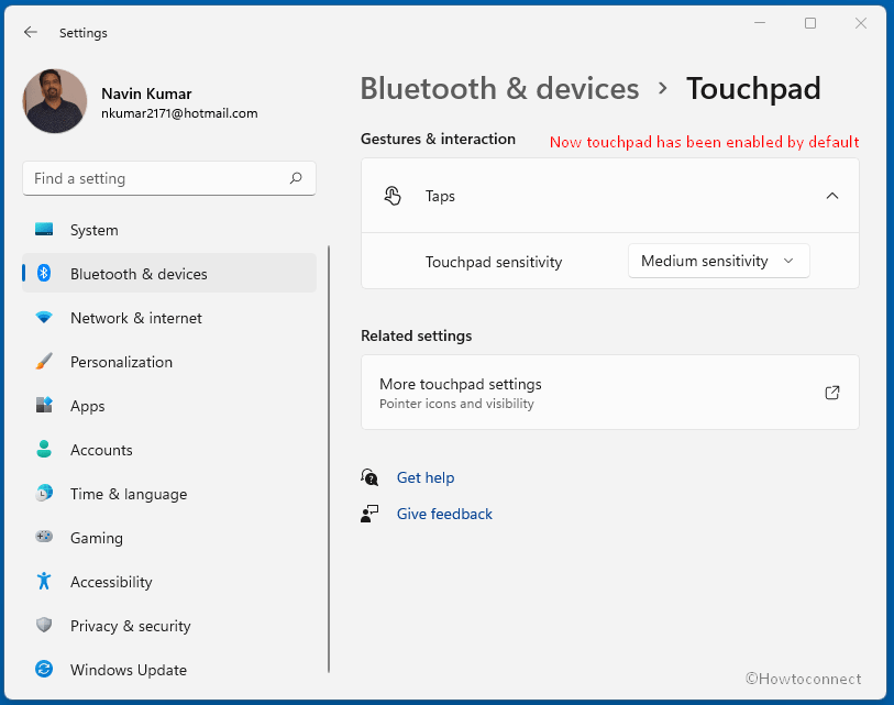 Enable touchpad feature from Settings app