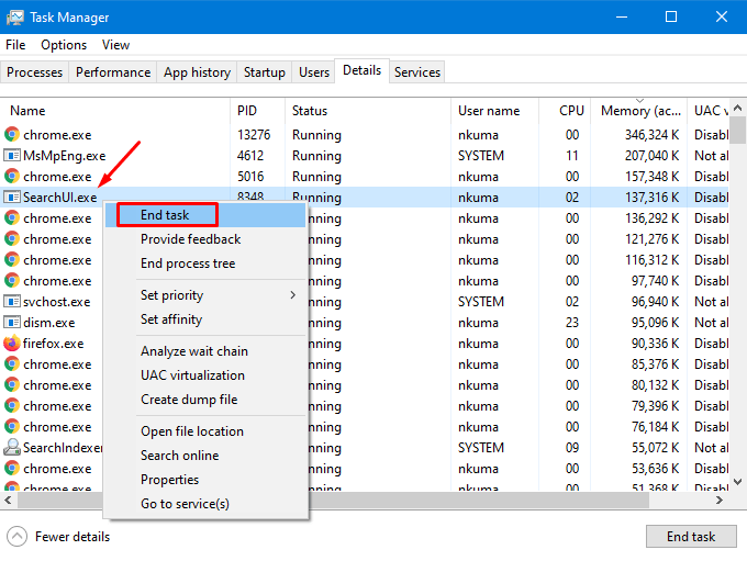 End Task SearchUI.exe and SearchApp.exe processes to fix search issue