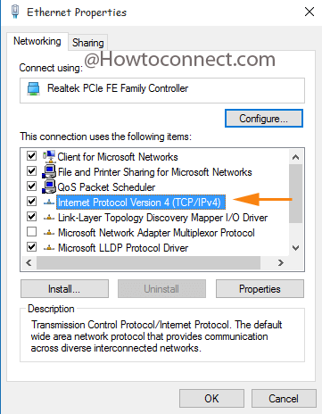 Ethernet Properties lists the items it uses