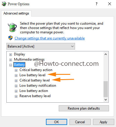 Expand Battery to see its options under advanced power options to Change Percentage Level of Low Battery Warning on Windows 10