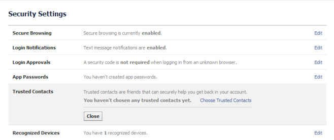 facebook security settings option