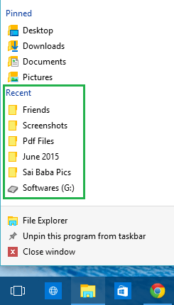 File Explorer Jump List in Windows 10