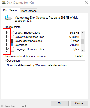 Files to delete section in Disk cleanup