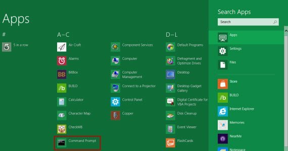 find command prompt from apps lists