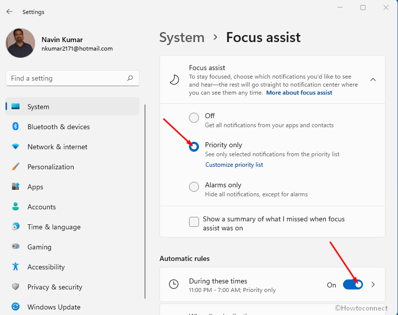 Focus assist Automatic rule During these times