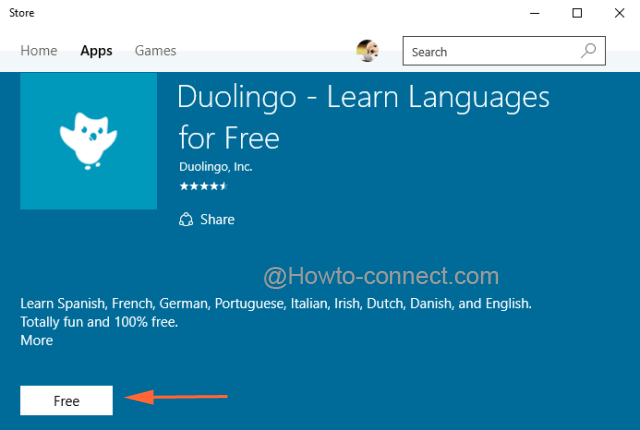 Free button under Duolingo app in Store