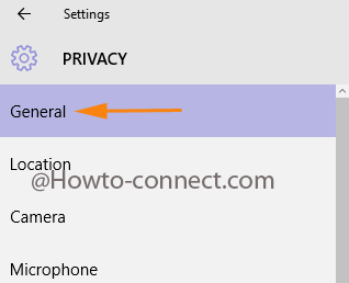 General segment of Privacy category in Windows 10