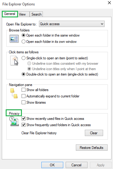 General tab of File Explorer Options 