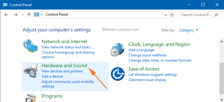 Hardware and Sound option in category view on control panel