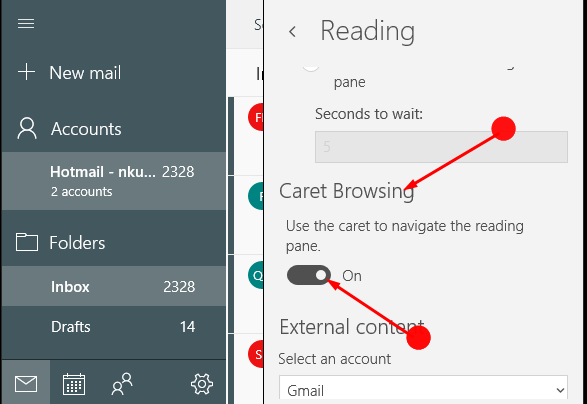 How to Turn on Caret browsing in Mail App Windows 10 pic 3