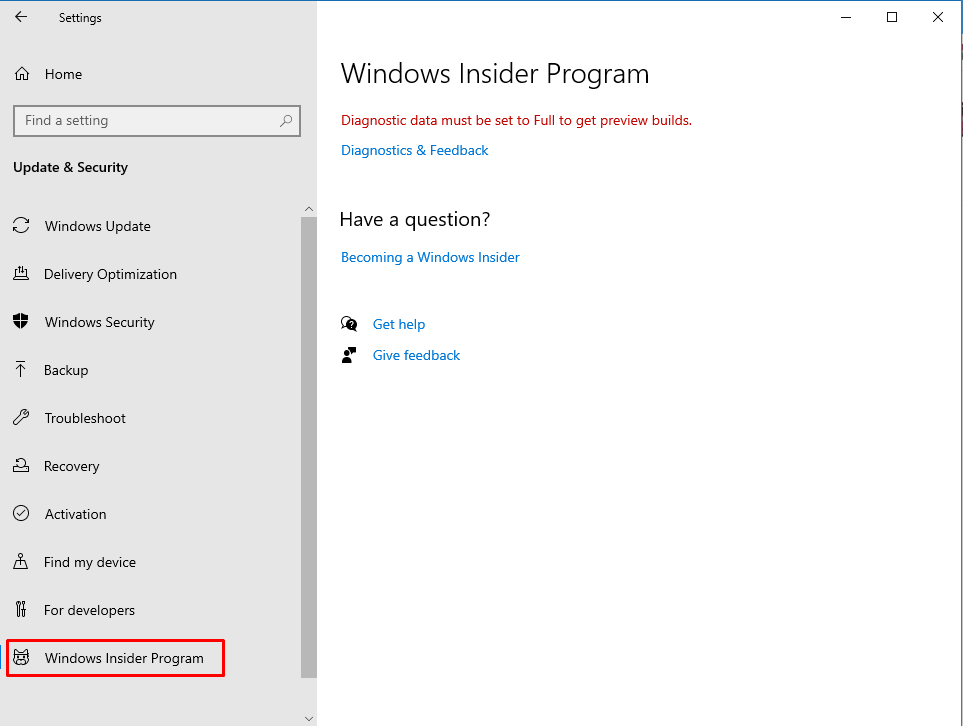 Insider Program Settings Blank, Empty, or Missing in Windows 10