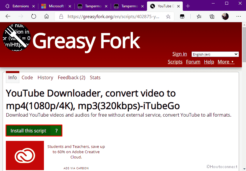 Install desired script to download Youtube Video in Microsoft Edge