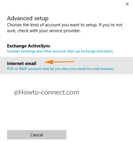 Internet email option under the Advanced setup box