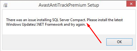 Issue Installing SQL Server Compact in Avast AntiTrack Pic 1