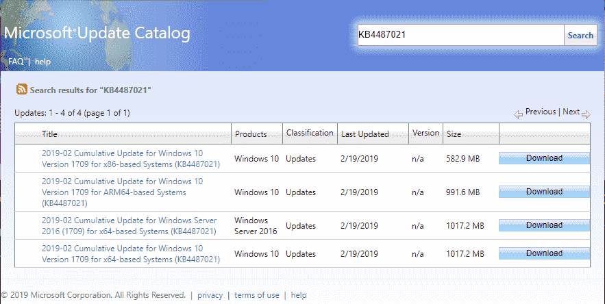 KB4487021 for Windows 10 1709 Version 16299.1004 — 19 Feb 2019