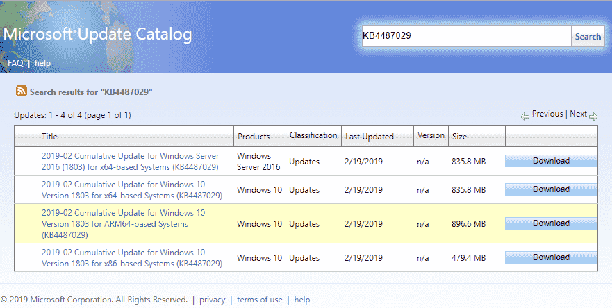 KB4487029 for Windows 10 1803 Version 17134.619 - 19 Feb 2019 Image 1